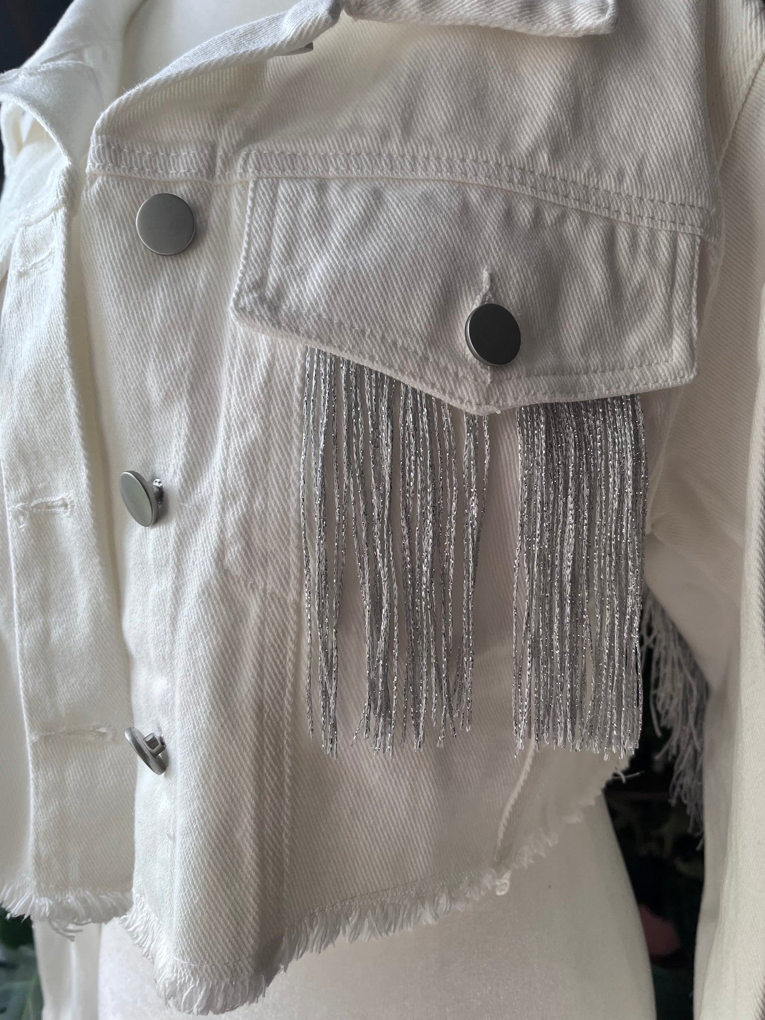 Cropped White Denim with Silver Fringe Custom Bridal Jacket